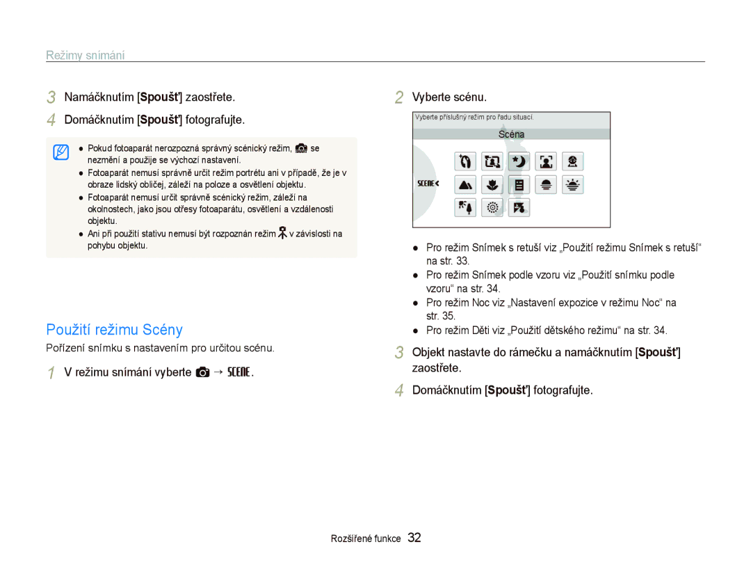 Samsung EC-ST500ZBPRE3, EC-ST500ZBPUAU, EC-ST500ZBPSAU Použití režimu Scény, Režimy snímání, Režimu snímání vyberte a ““s 