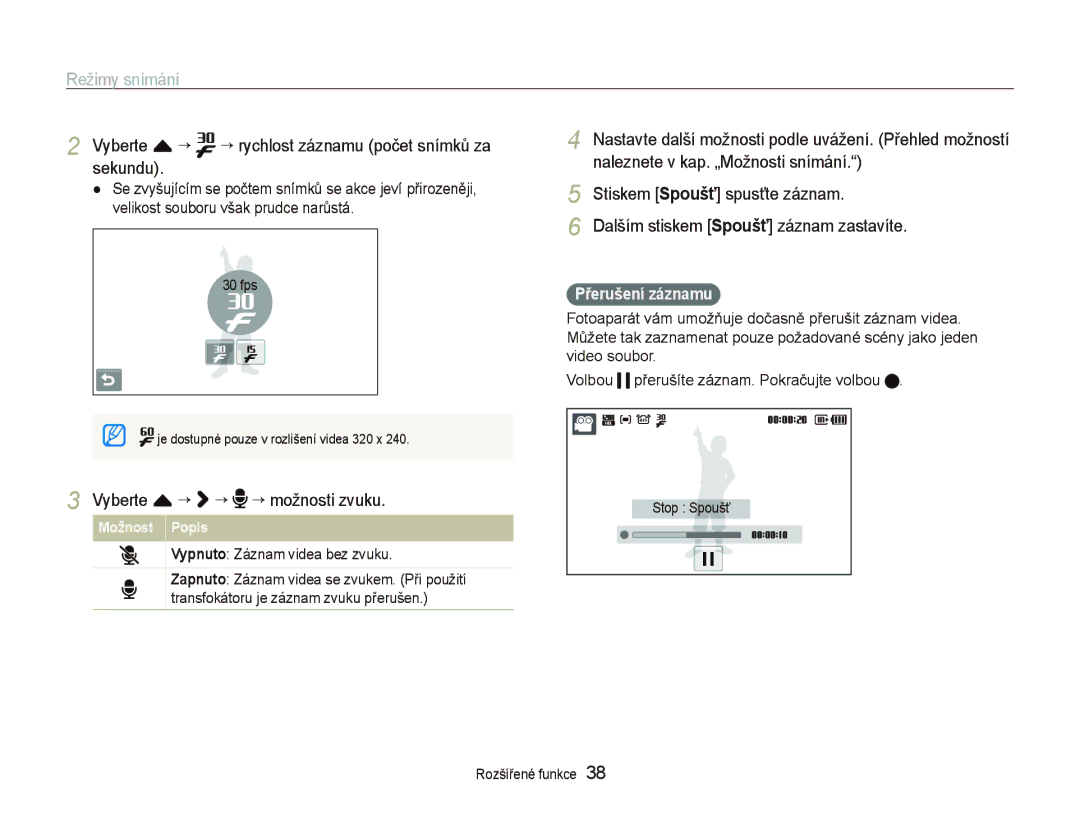 Samsung EC-ST500ZBPRE3 manual Vyberte f “ ““rychlost záznamu počet snímků za sekundu, Vyberte f “ ““ ““možnosti zvuku 