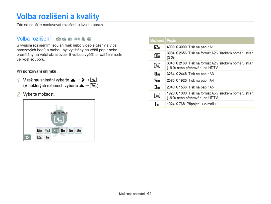 Samsung EC-ST500ZBPUAU, EC-ST500ZBPSAU manual Volba rozlišení a kvality, Volba rozlišení S a p s d, Při pořizování snímků 