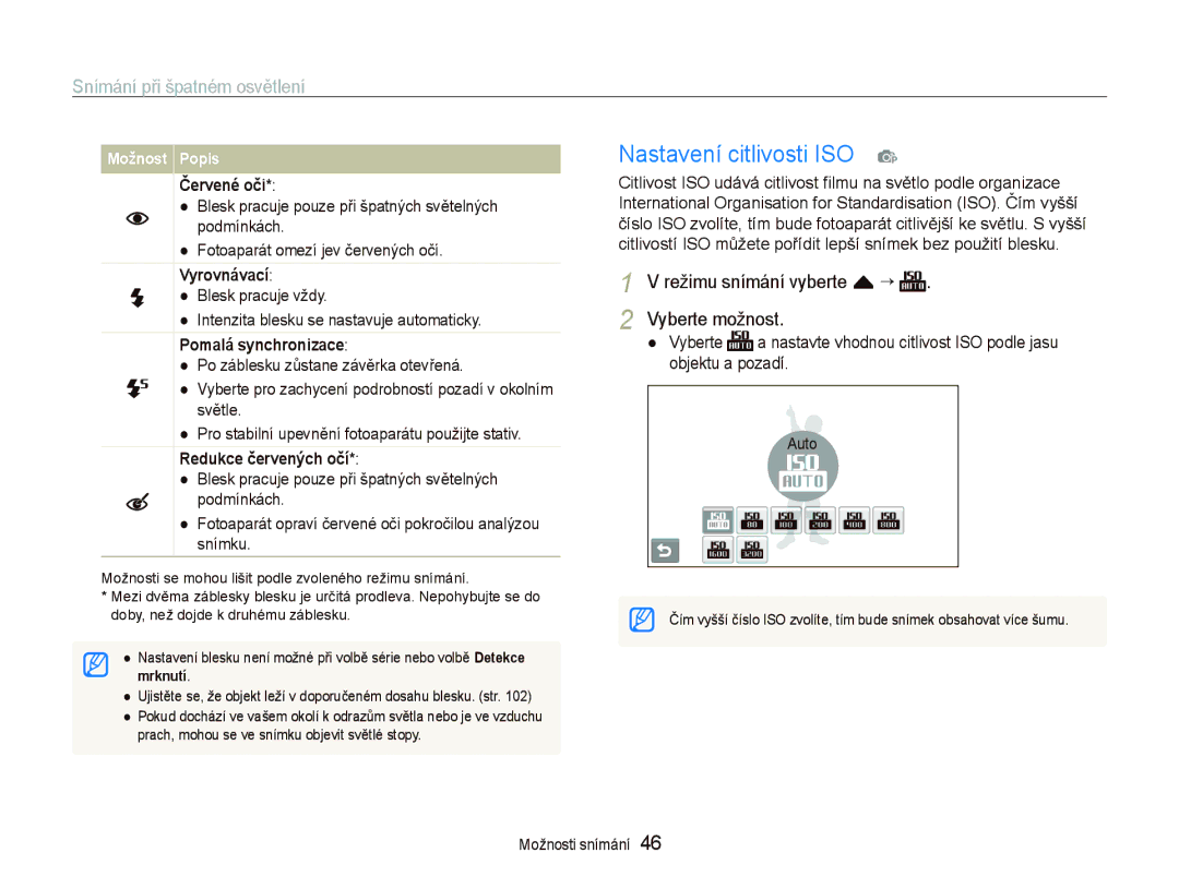 Samsung EC-ST500ZBPUE3, EC-ST500ZBPUAU, EC-ST500ZBPSAU manual Nastavení citlivosti ISO p, Snímání při špatném osvětlení 