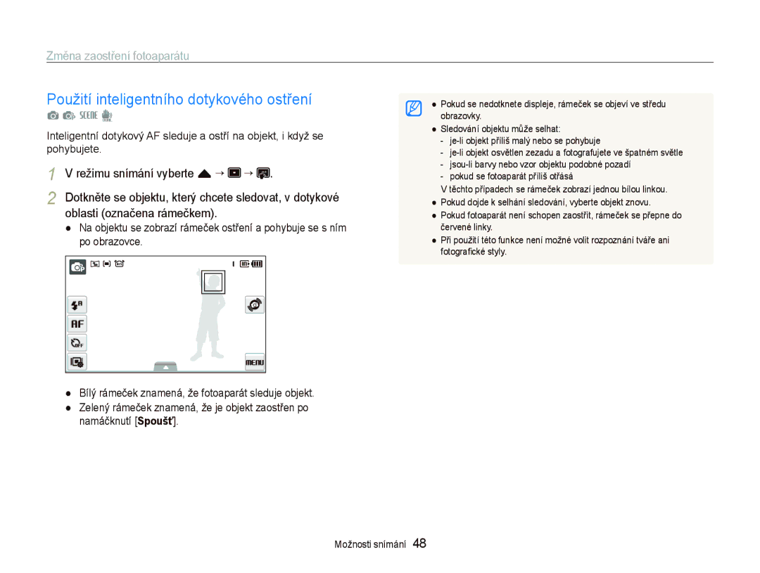 Samsung EC-ST500ZBPSAU Použití inteligentního dotykového ostření, Změna zaostření fotoaparátu, Oblasti označena rámečkem 