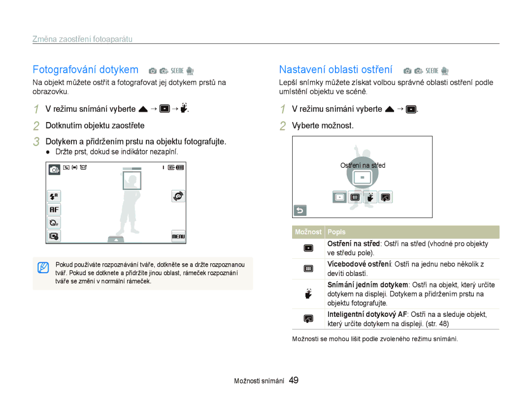 Samsung EC-ST500ZBPRAU, EC-ST500ZBPUAU, EC-ST500ZBPSAU Fotografování dotykem a p s d, Nastavení oblasti ostření a p s d 