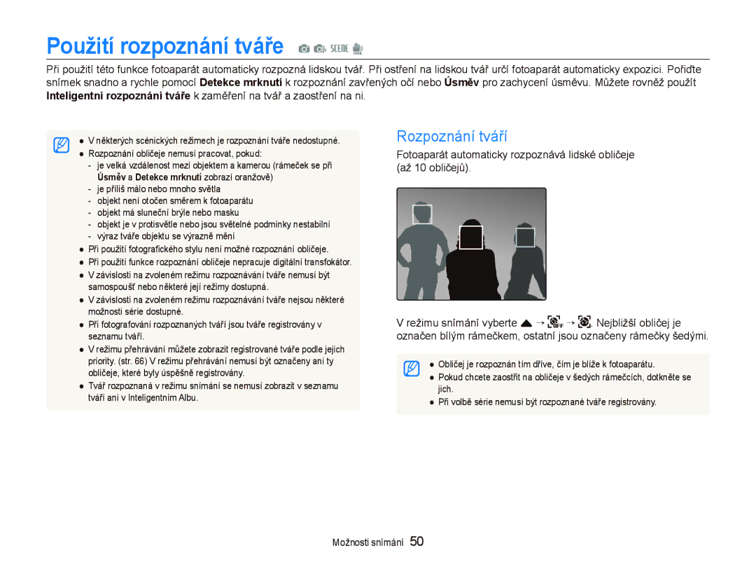 Samsung EC-ST500ZBPRE3, EC-ST500ZBPUAU, EC-ST500ZBPSAU, EC-ST500ZBPRAU Použití rozpoznání tváře a p s d, Rozpoznání tváří 