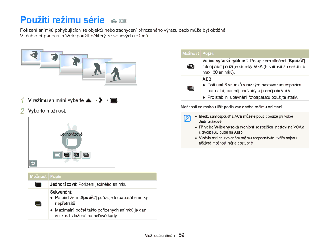 Samsung EC-ST500ZBPUAU, EC-ST500ZBPSAU manual Použití režimu série p s, Jednorázové Pořízení jediného snímku, Sekvenční 