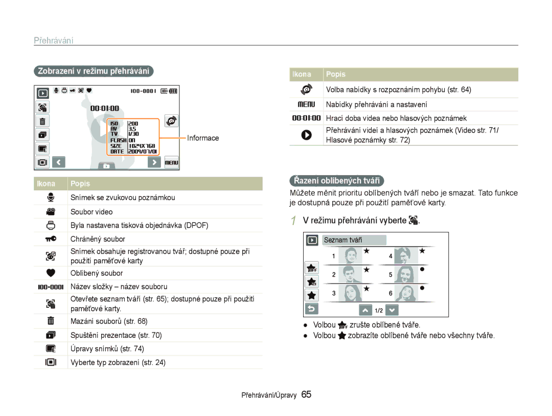 Samsung EC-ST500ZBPUAU manual Režimu přehrávání vyberte, Zobrazení v režimu přehrávání, Informace, Řazení oblíbených tváří 