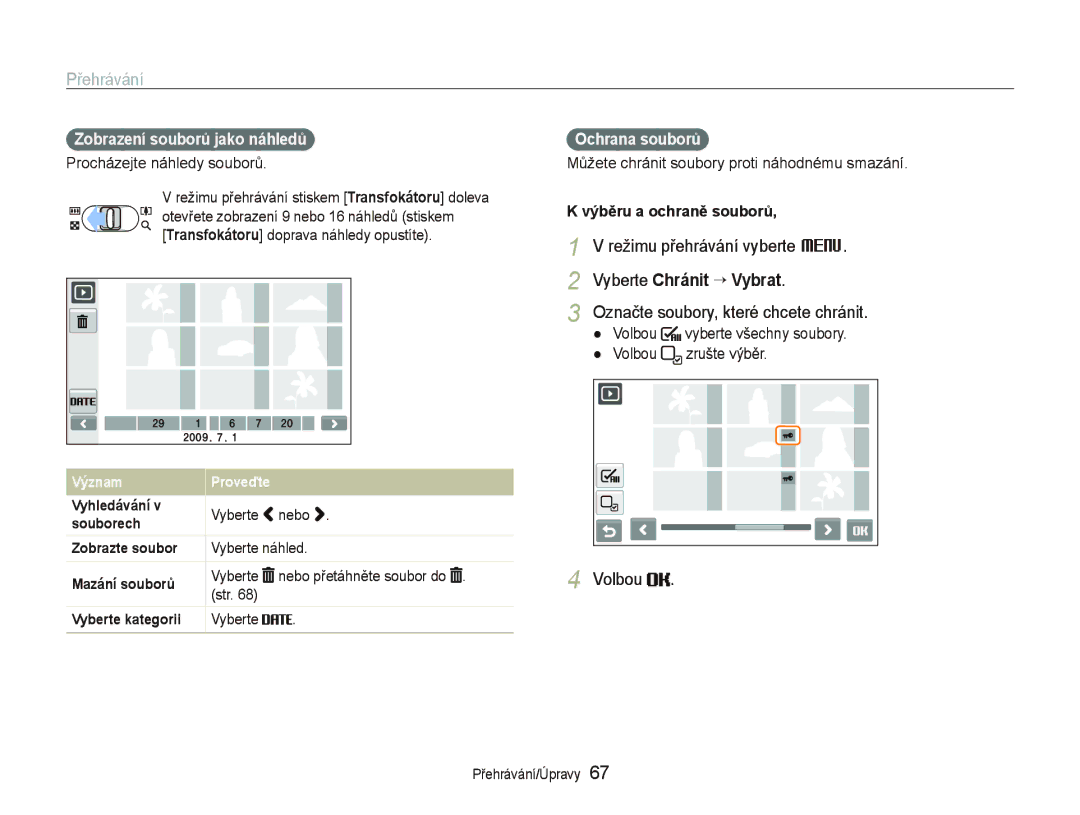 Samsung EC-ST500ZBPRAU manual Režimu přehrávání vyberte M, Vyberte Chránit ““Vybrat, Označte soubory, které chcete chránit 