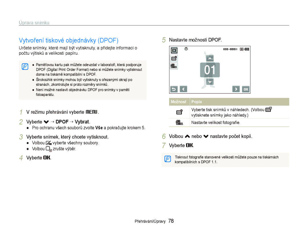 Samsung EC-ST500ZBPSAU manual Vytvoření tiskové objednávky Dpof, Režimu přehrávání vyberte M Vyberte . “ Dpof ““Vybrat 