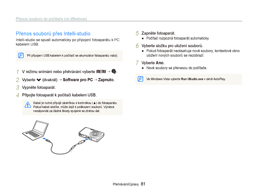 Samsung EC-ST500ZBPSE3 manual Přenos souborů přes Intelli-studio, Přenos souborů do počítače ve Windows, Zapněte fotoaparát 