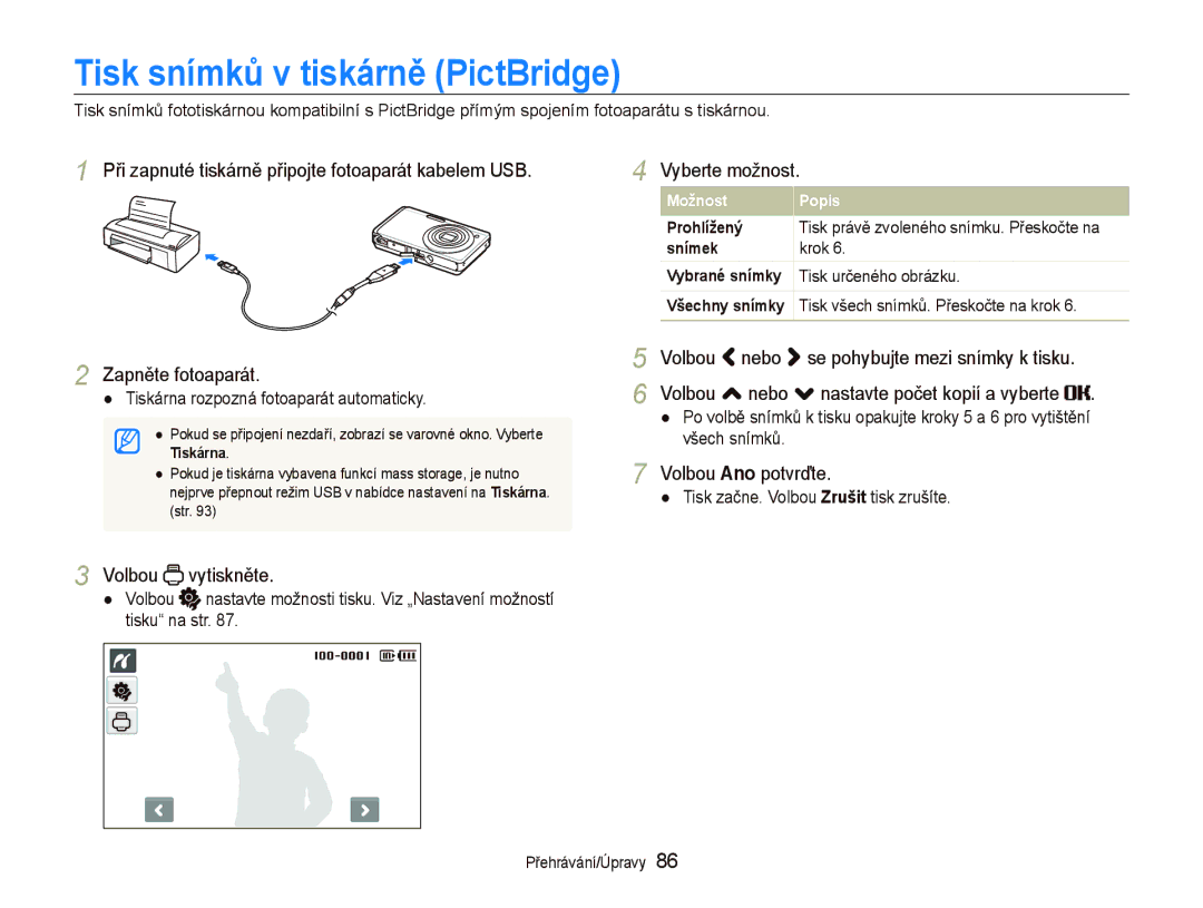 Samsung EC-ST500ZBPRE3 manual Tisk snímků v tiskárně PictBridge, Volbou vytiskněte, Vyberte možnost, Volbou Ano potvrďte 