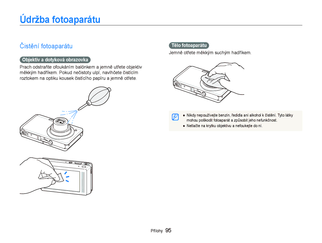 Samsung EC-ST500ZBPUAU manual Údržba fotoaparátu, Čistění fotoaparátu, Objektiv a dotyková obrazovka, Tělo fotoaparátu 