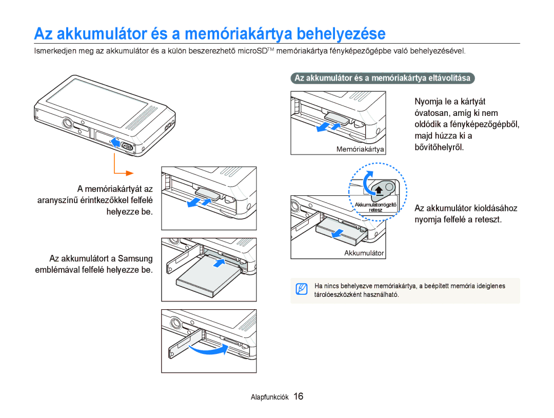 Samsung EC-ST500ZBPUE3 Az akkumulátor és a memóriakártya behelyezése, Nyomja felfelé a reteszt, Az akkumulátor kioldásához 