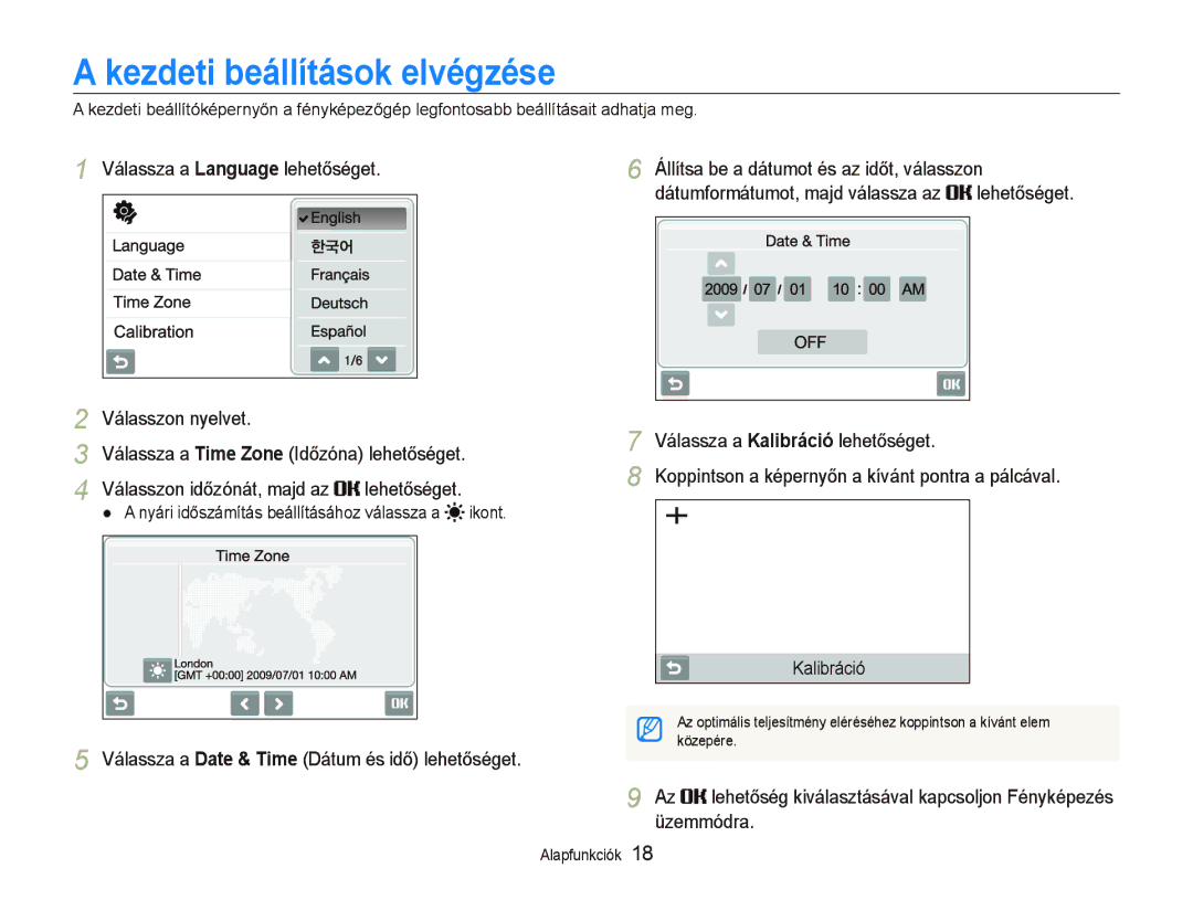 Samsung EC-ST500ZBPUE2 Kezdeti beállítások elvégzése, Válassza a Language lehetőséget, Dátumformátumot, majd válassza az 