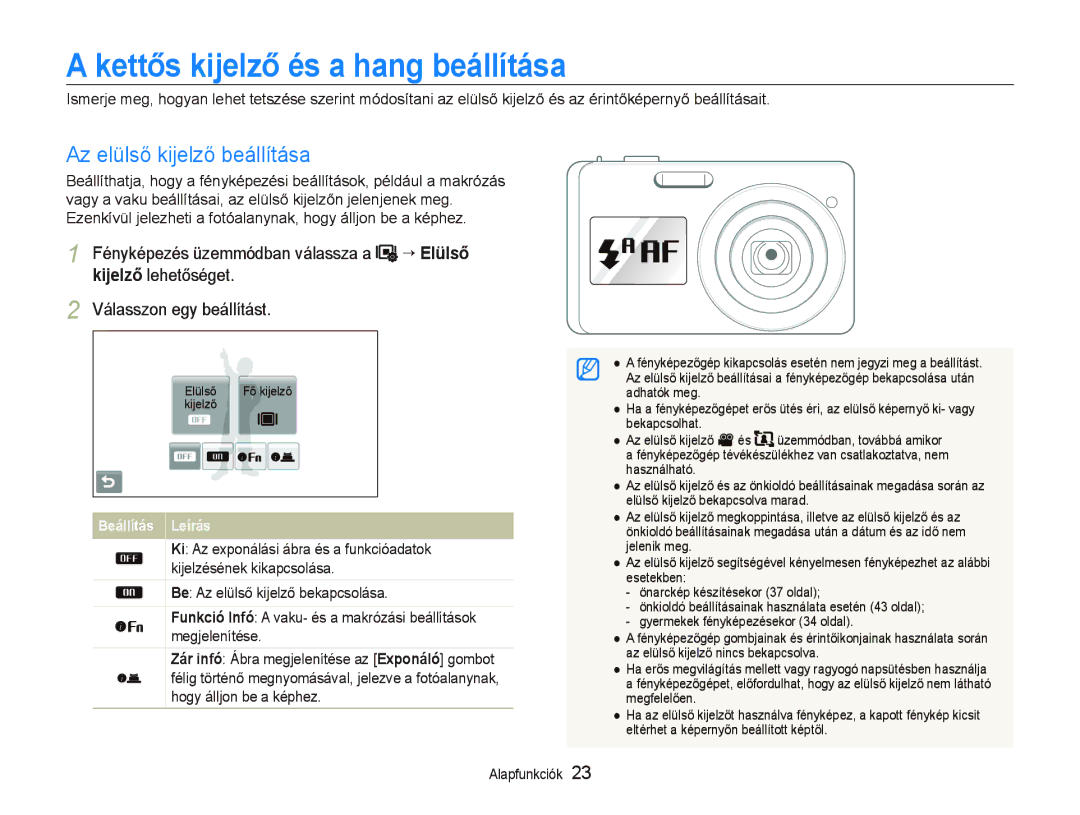 Samsung EC-ST500ZBPRE1 manual Az elülső kijelző beállítása, Fényképezés üzemmódban válassza a, Válasszon egy beállítást 