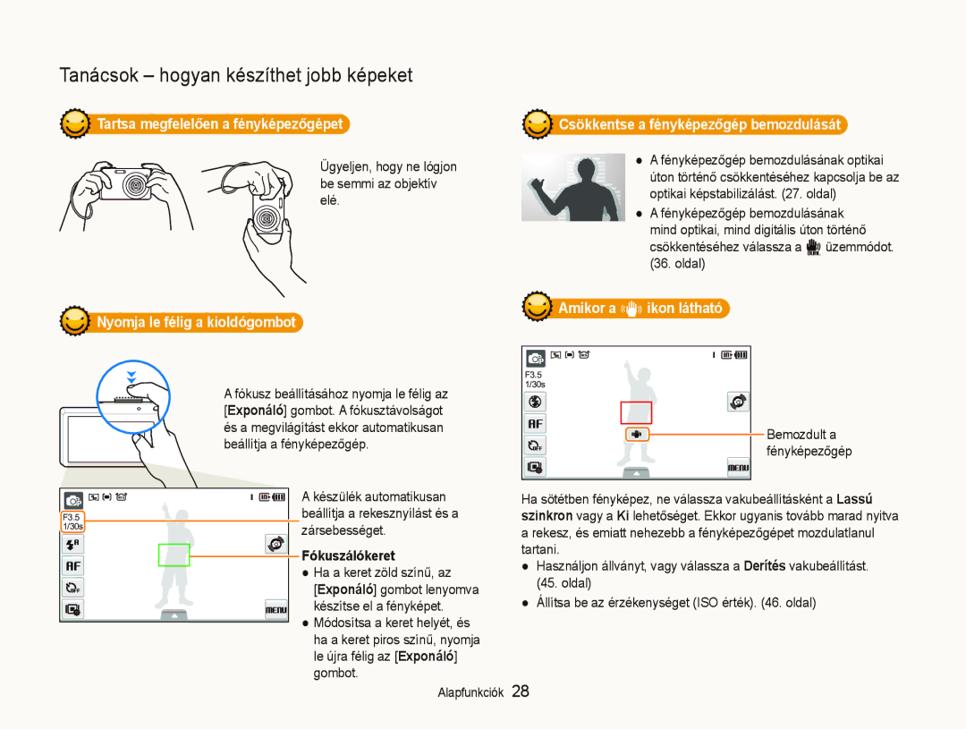 Samsung EC-ST500ZBPRE2 manual Tartsa megfelelően a fényképezőgépet, Nyomja le félig a kioldógombot, Fókuszálókeret 