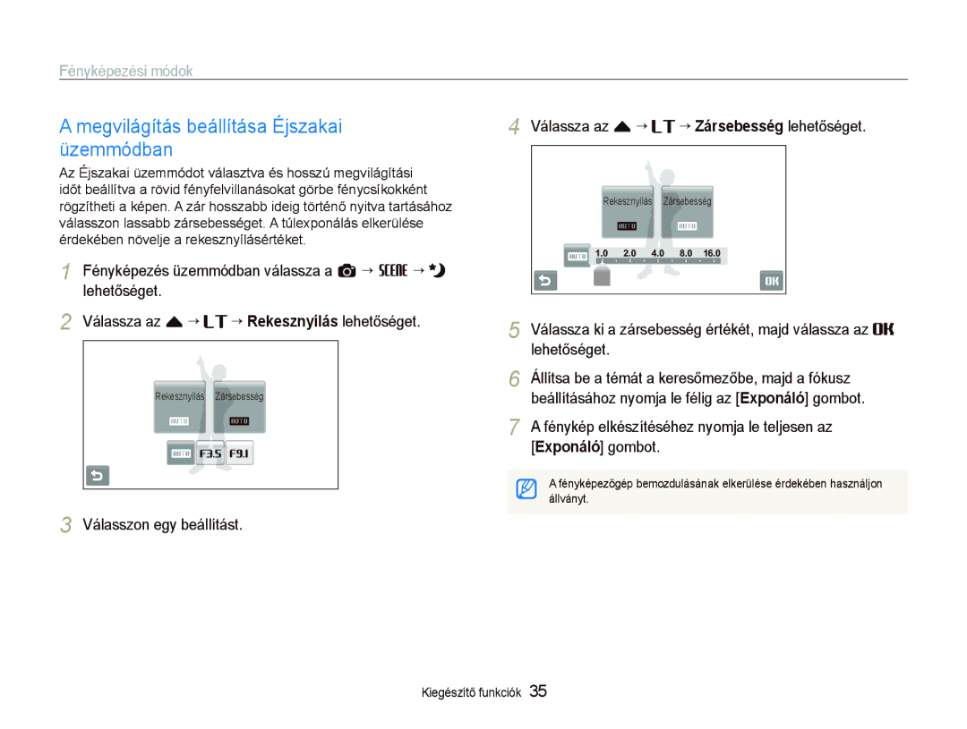 Samsung EC-ST500ZBPRAU manual Megvilágítás beállítása Éjszakai üzemmódban, Állítsa be a témát a keresőmezőbe, majd a fókusz 