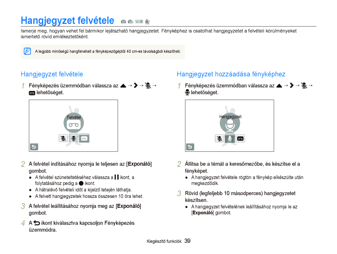 Samsung EC-ST500ZBPRE2, EC-ST500ZBPUAU, EC-ST500ZBPSAU Hangjegyzet felvétele a p s d, Hangjegyzet hozzáadása fényképhez 