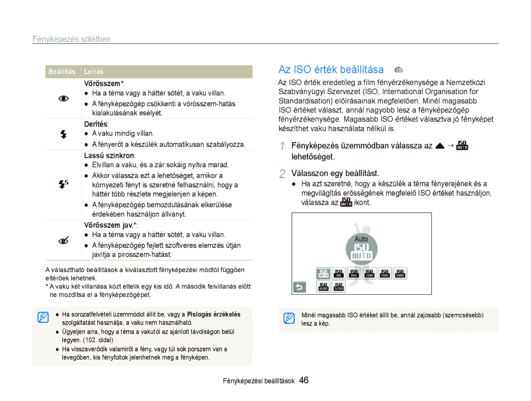 Samsung EC-ST500ZBPRAU, EC-ST500ZBPUAU, EC-ST500ZBPSAU, EC-ST500ZBPRE1 manual Az ISO érték beállítása p, Fényképezés sötétben 