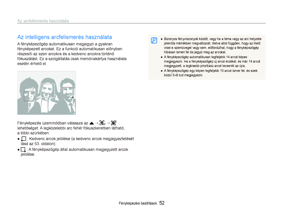 Samsung EC-ST500ZBPSE2, EC-ST500ZBPUAU, EC-ST500ZBPSAU, EC-ST500ZBPRE1 manual Az intelligens arcfelismerés használata 