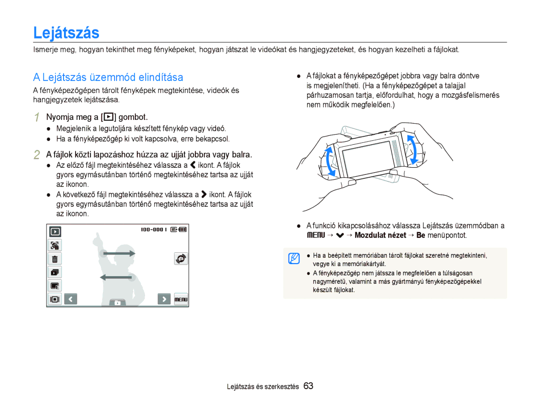 Samsung EC-ST500ZBPSE2 manual Lejátszás üzemmód elindítása, Nyomja meg a P gombot, “ . ““Mozdulat nézet “ Be menüpontot 