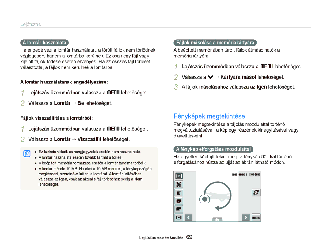 Samsung EC-ST500ZBPRE3 manual Fényképek megtekintése, Válassza a . ““Kártyára másol lehetőséget, Lomtár használata 