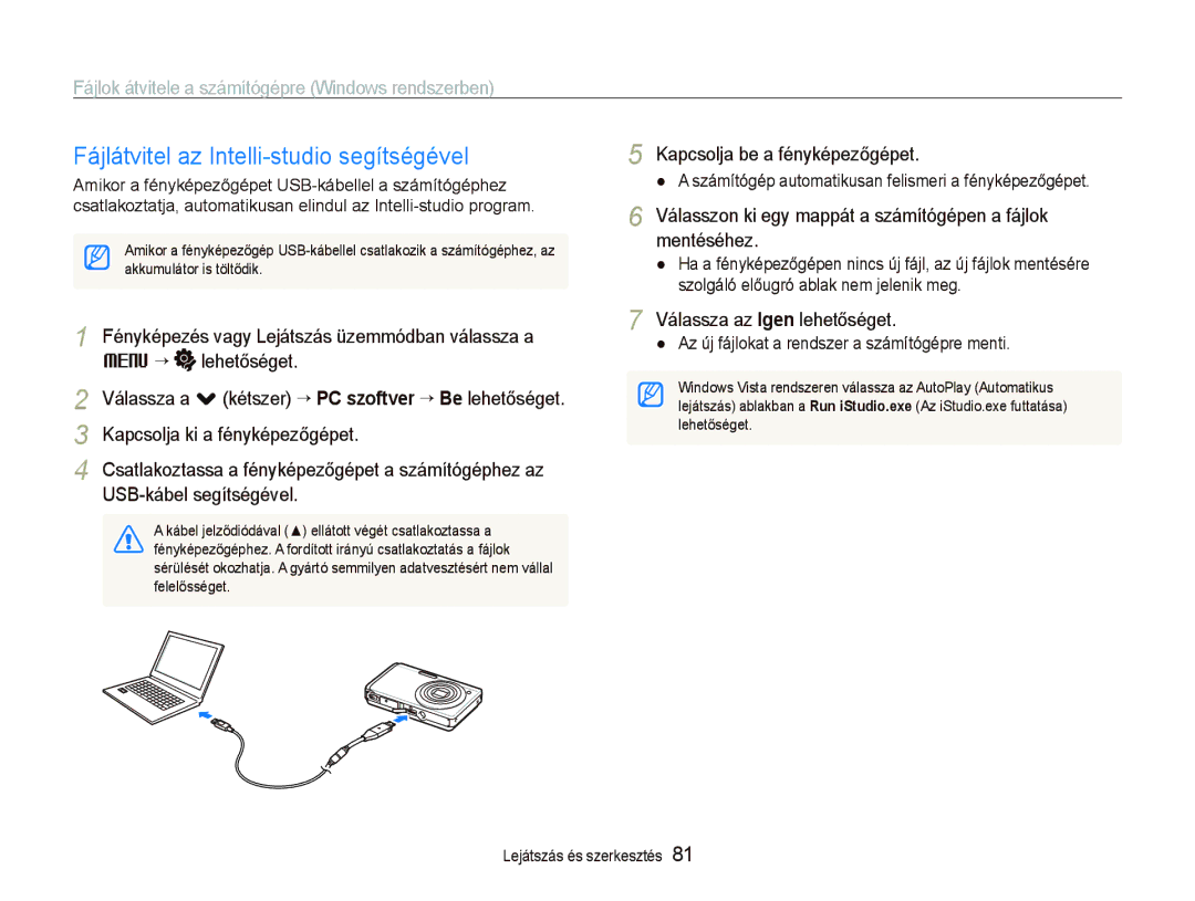 Samsung EC-ST500ZBPSE3 Fájlátvitel az Intelli-studio segítségével, Fájlok átvitele a számítógépre Windows rendszerben 