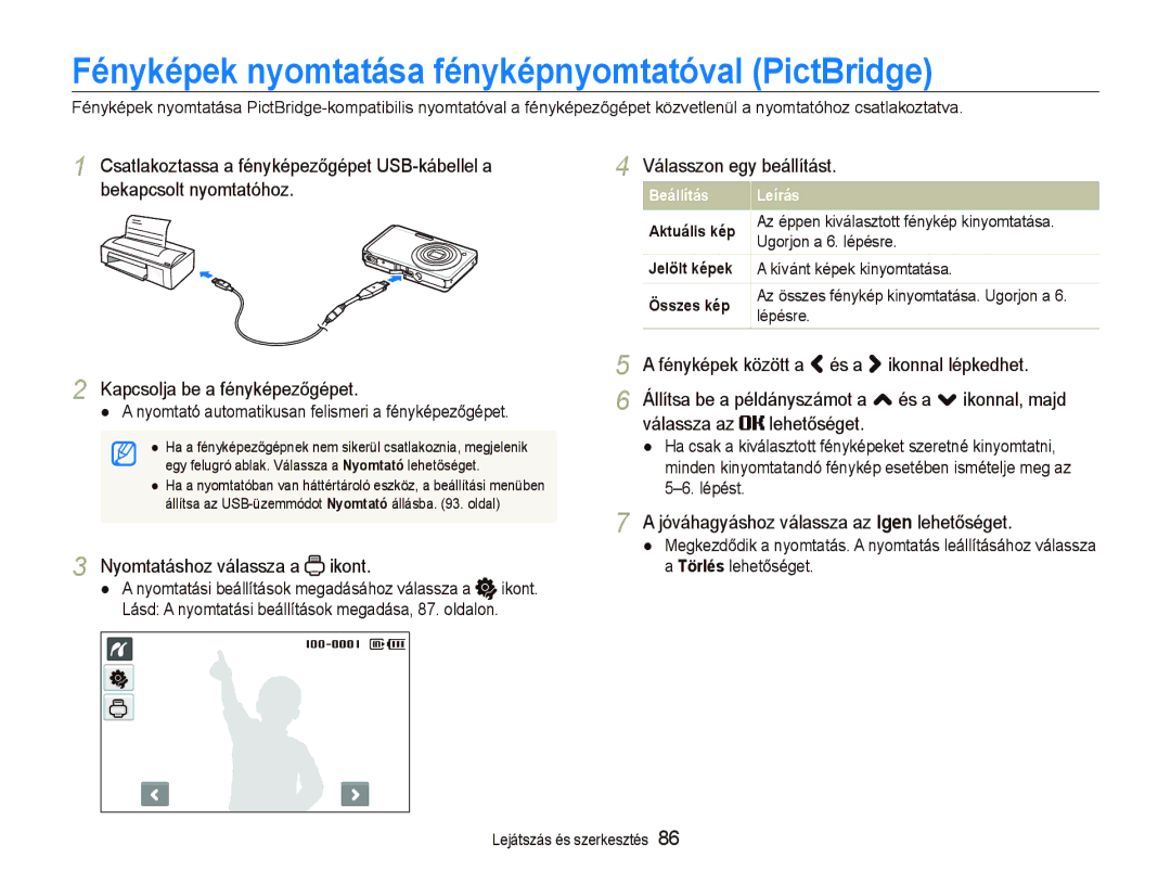 Samsung EC-ST500ZBPRGB, EC-ST500ZBPUAU Fényképek nyomtatása fényképnyomtatóval PictBridge, Nyomtatáshoz válassza a ikont 