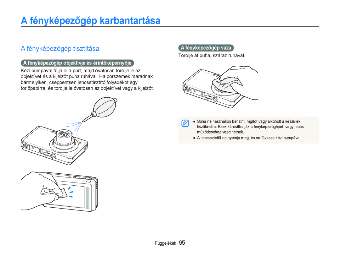 Samsung EC-ST500ZBPUE2 Fényképezőgép karbantartása, Fényképezőgép tisztítása, Fényképezőgép objektívje és érintőképernyője 