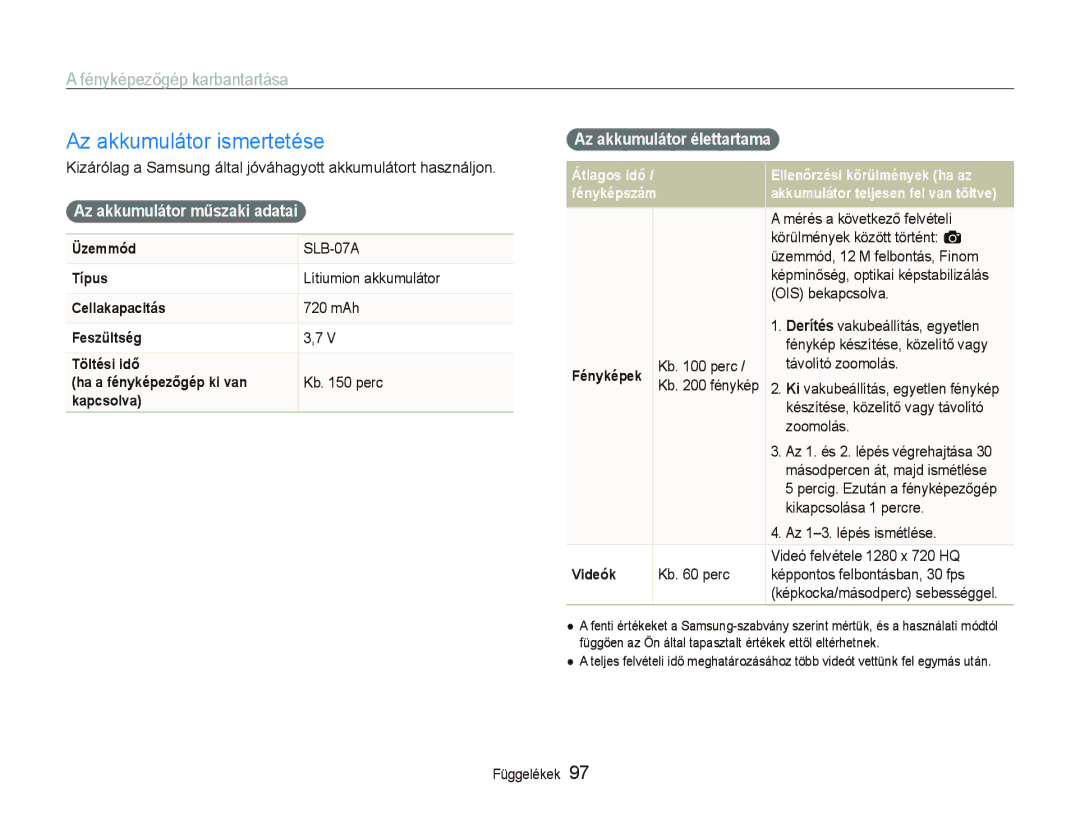 Samsung EC-ST500ZBPRGB manual Az akkumulátor ismertetése, Az akkumulátor műszaki adatai, Az akkumulátor élettartama 