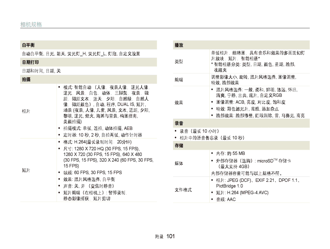 Samsung EC-ST500ZBPRAU 白平衡 自动白平衡, 日光, 阴天, 荧光灯h, 荧光灯l, 灯泡, 自定义设置 日期打印 日期和时间, 日期, 关, 定时器, 动作计时器, 格式 H.264最长录制时间：20分钟, 收藏夹 