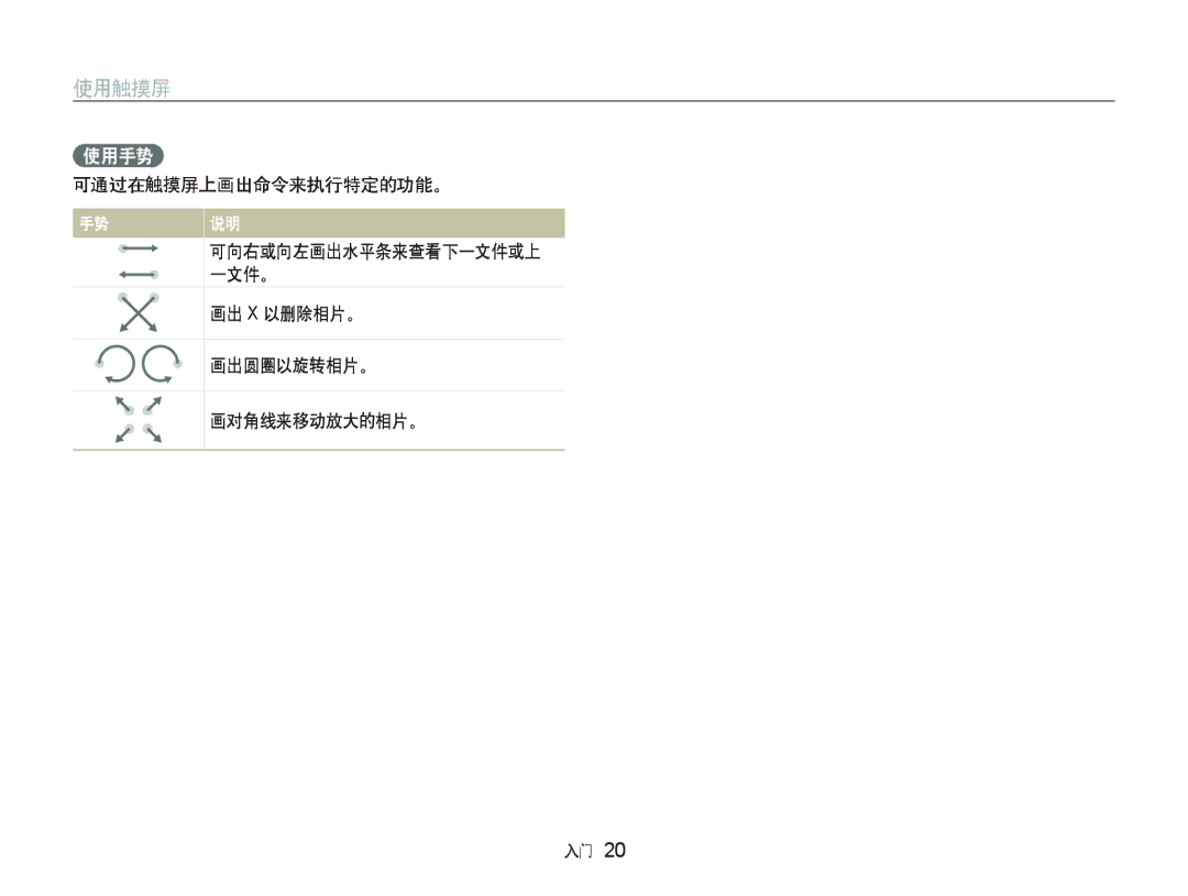 Samsung EC-ST500ZBPRGB, EC-ST500ZBPUAU, EC-ST500ZBPSAU manual 可通过在触摸屏上画出命令来执行特定的功能。, 画出 X 以删除相片。 画出圆圈以旋转相片。 画对角线来移动放大的相片。 