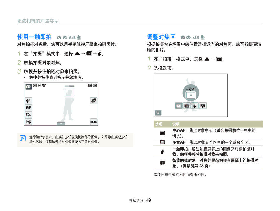 Samsung EC-ST500ZBPUE3, EC-ST500ZBPUAU, EC-ST500ZBPSAU manual 使用一触即拍 a p s d, 在拍摄模式中，选择 f “ “ 。 2 触摸拍摄对象对焦。 触摸并按住拍摄对象来拍照。 