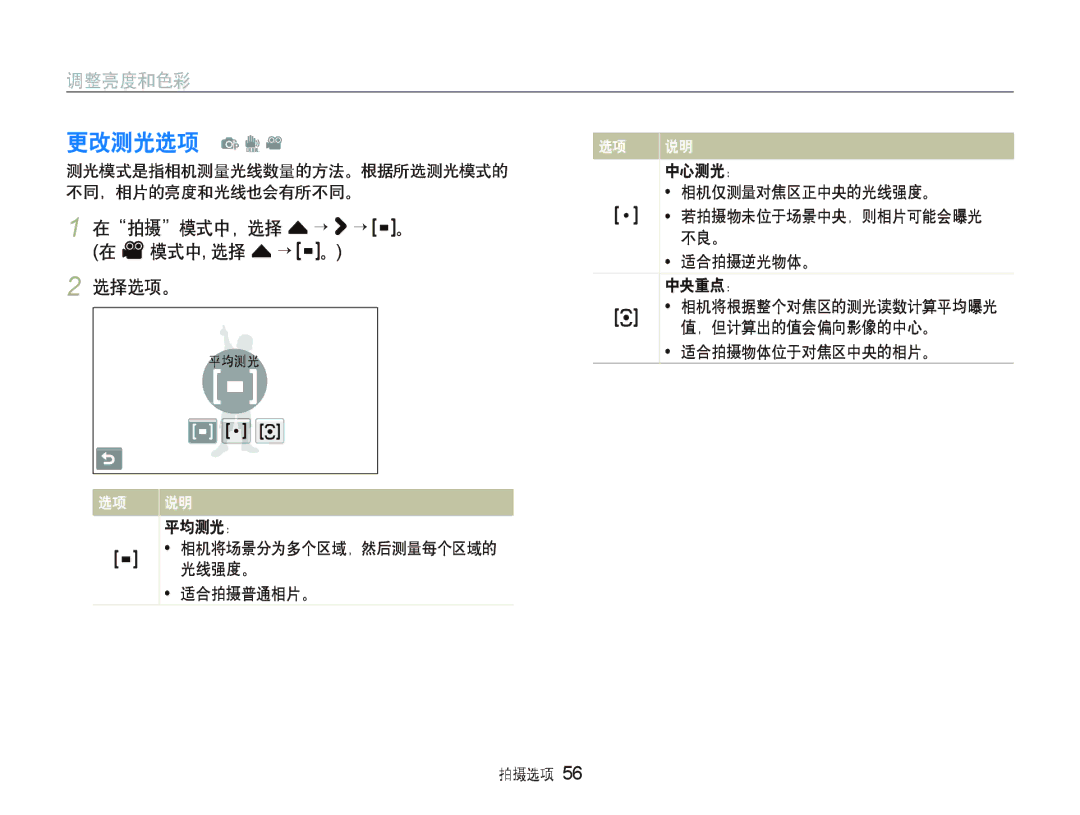 Samsung EC-ST500ZBPRE1, EC-ST500ZBPUAU, EC-ST500ZBPSAU, EC-ST500ZBPRAU manual 更改测光选项 p d, 在拍摄模式中，选择 f “ “, 模式中, 选择 f “ 