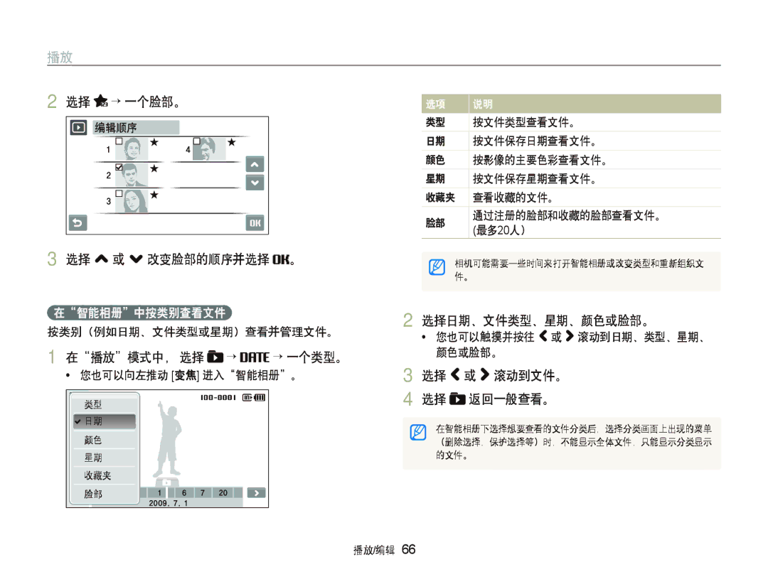 Samsung EC-ST500ZBPSAU manual 选择 ““一个脸部。, 选择 , 或 . 改变脸部的顺序并选择 。, 选择日期、文件类型、星期、颜色或脸部。, “ 一个类型。, 选择 或 滚动到文件。, 返回一般查看。 