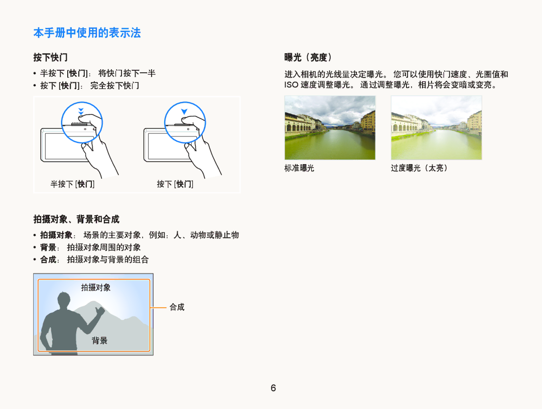 Samsung EC-ST500ZBPRE2, EC-ST500ZBPUAU, EC-ST500ZBPSAU, EC-ST500ZBPRE1, EC-ST500ZBPRAU 本手册中使用的表示法, 按下快门 曝光（亮度）, 拍摄对象、背景和合成 