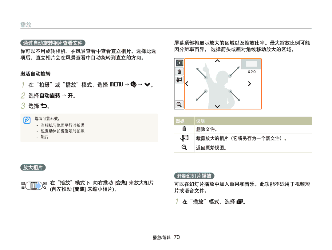 Samsung EC-ST500ZBPSE3, EC-ST500ZBPUAU, EC-ST500ZBPSAU, EC-ST500ZBPRE1 manual 在拍摄或播放模式，选择 M “ “ .。 2 选择自动旋转 “ 开。 选择 。 