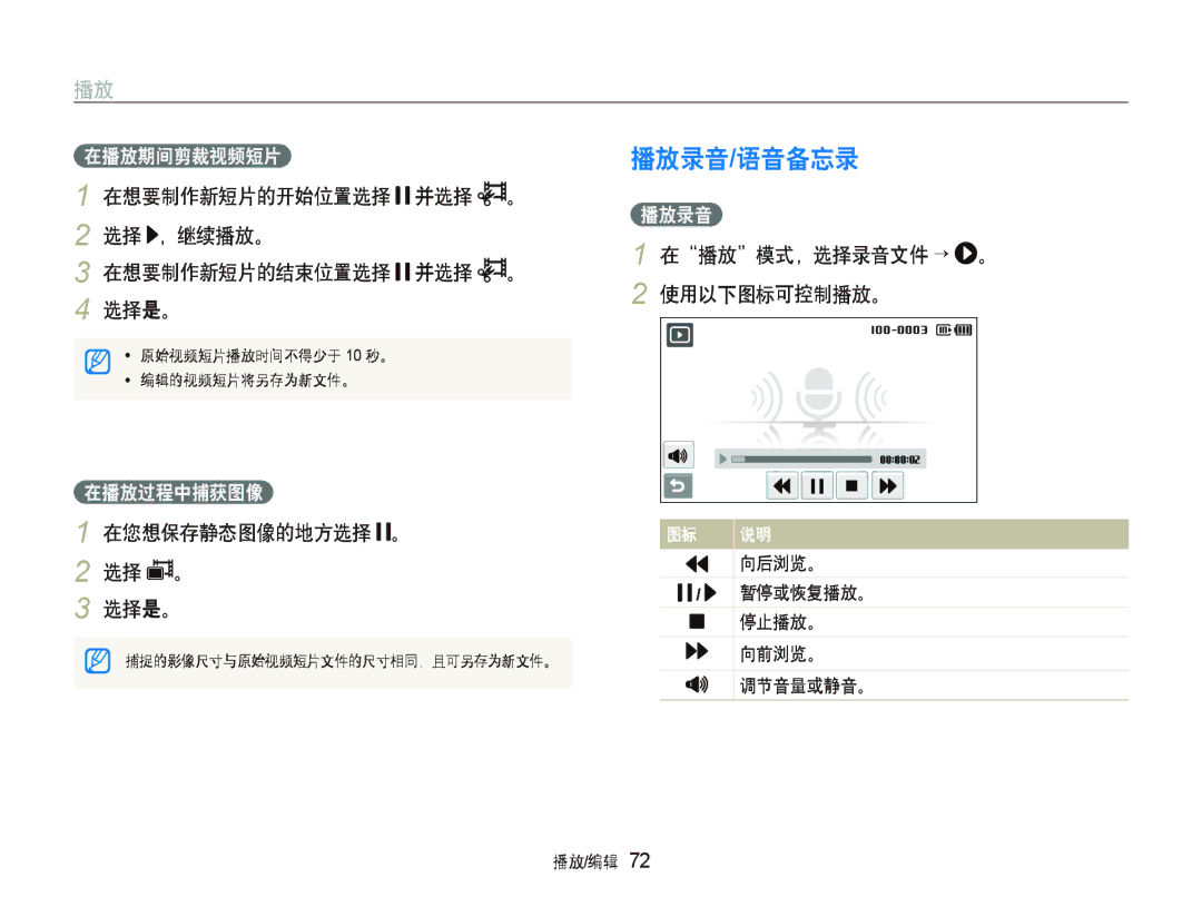 Samsung EC-ST500ZBPRE2 manual 播放录音/语音备忘录, 在想要制作新短片的开始位置选择 并选择 。 选择 ，继续播放。 在想要制作新短片的结束位置选择 并选择 。 选择是。, 在您想保存静态图像的地方选择 。 选择是。 