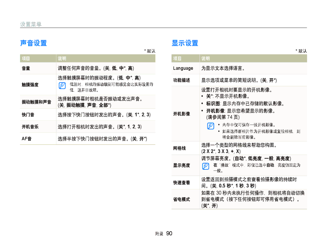 Samsung EC-ST500ZBPRAU, EC-ST500ZBPUAU, EC-ST500ZBPSAU, EC-ST500ZBPRE1, EC-ST500ZBPRE3, EC-ST500ZBPSE3 manual 声音设置, 显示设置 