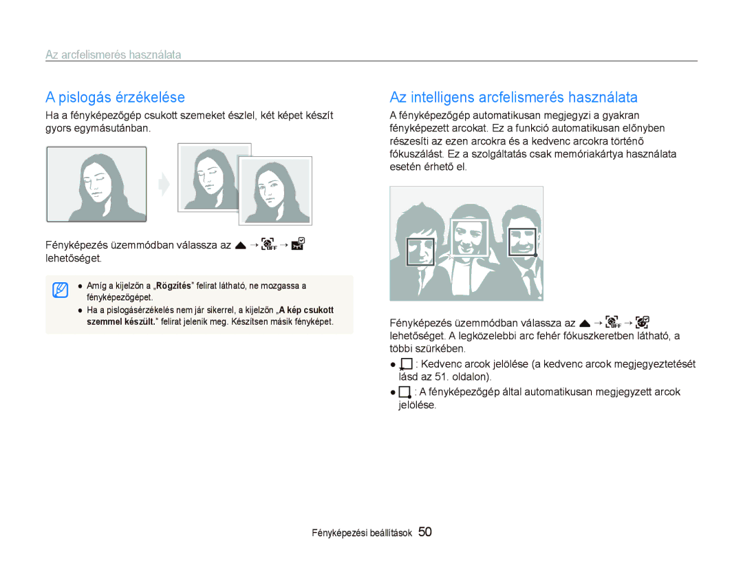 Samsung EC-ST5000BPBE2, EC-ST500ZBPUAU, EC-ST500ZBPSAU manual Pislogás érzékelése, Az intelligens arcfelismerés használata 
