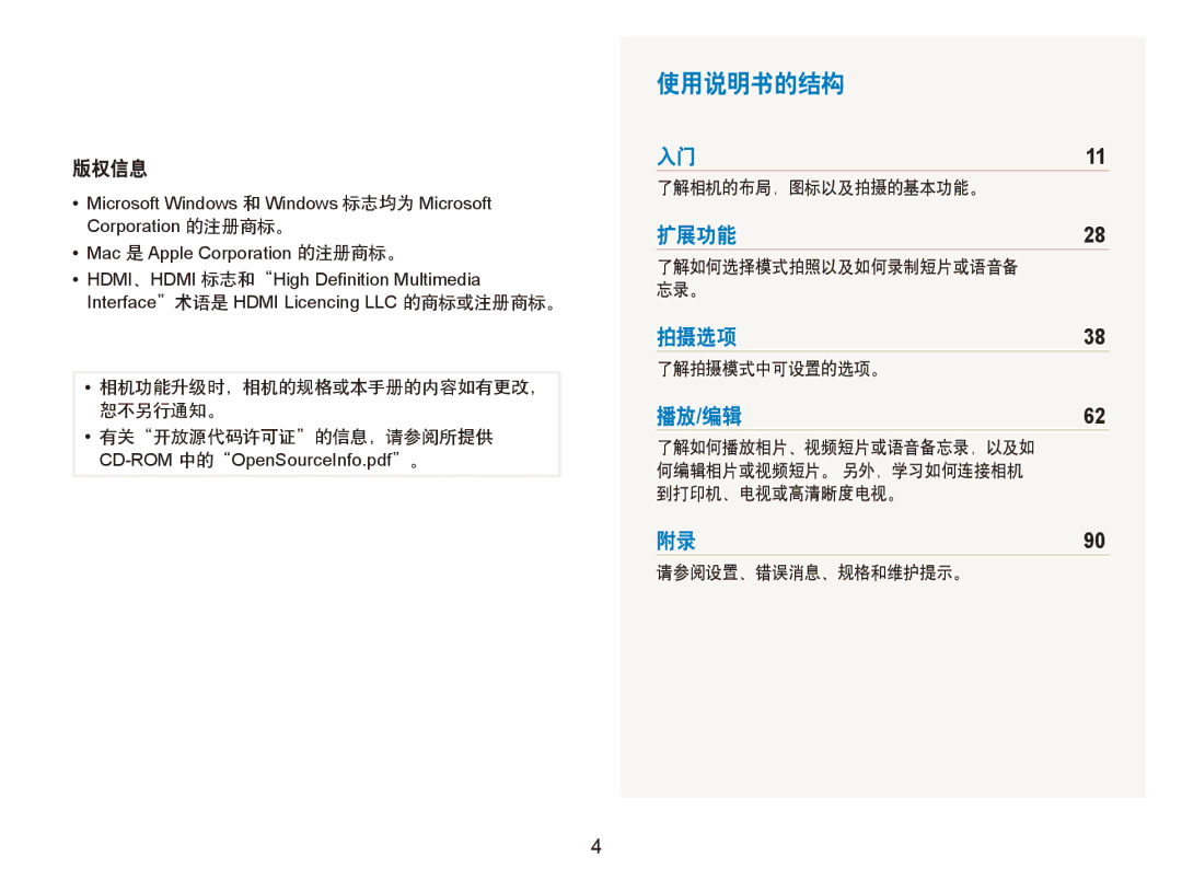 Samsung EC-ST5000BPAIT, EC-ST500ZBPUAU, EC-ST500ZBPSAU, EC-ST500ZBPRE1, EC-ST500ZBPRAU, EC-ST5000BPBIT manual 使用说明书的结构, 版权信息 