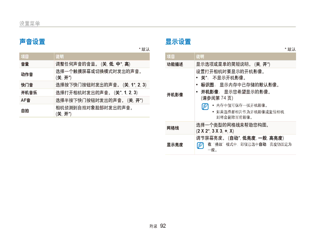 Samsung EC-ST500ZBPRAU, EC-ST500ZBPUAU, EC-ST500ZBPSAU, EC-ST500ZBPRE1, EC-ST5000BPBIT, EC-ST5000BPAIT manual 声音设置, 显示设置 