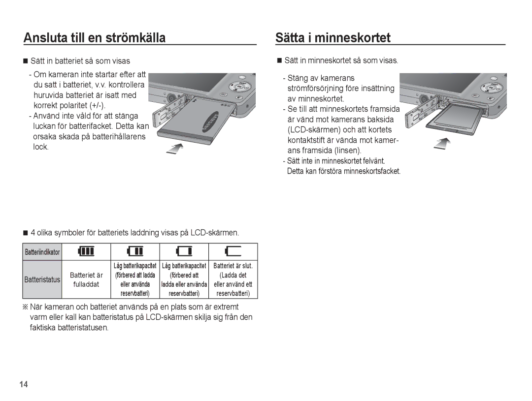 Samsung EC-ST50ZUBP/E2, EC-ST50ZBBP/E2, EC-ST50ZSBP/E2 Sätta i minneskortet, Sätt in batteriet så som visas, Batteristatus 