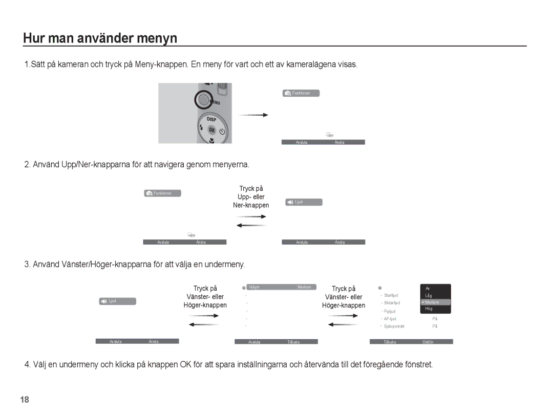 Samsung EC-ST50ZUBP/E2, EC-ST50ZBBP/E2 Hur man använder menyn, Använd Upp/Ner-knapparna för att navigera genom menyerna 