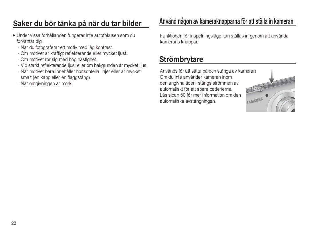 Samsung EC-ST50ZUBP/E2, EC-ST50ZBBP/E2, EC-ST50ZSBP/E2, EC-ST50ZRBP/E2 manual Strömbrytare 