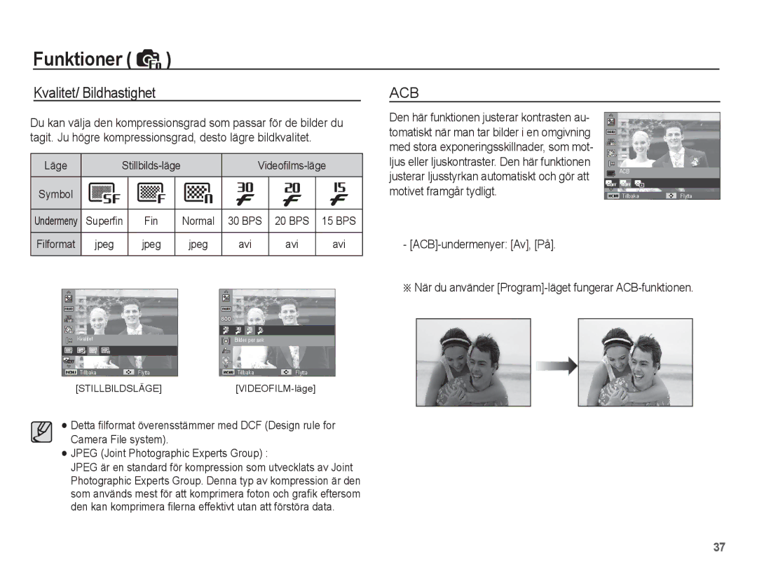 Samsung EC-ST50ZRBP/E2 manual Kvalitet/ Bildhastighet, ÄNär du använder Program-läget fungerar ACB-funktionen, Jpeg Avi 