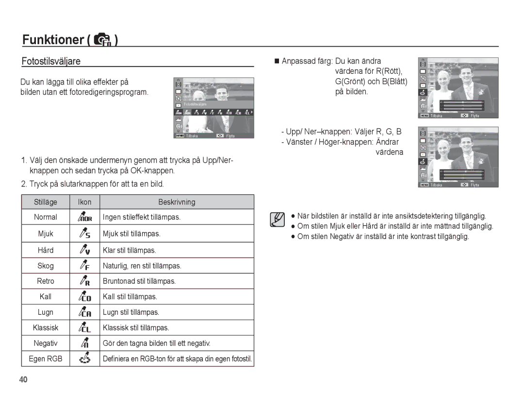 Samsung EC-ST50ZSBP/E2, EC-ST50ZBBP/E2, EC-ST50ZRBP/E2, EC-ST50ZUBP/E2 Fotostilsväljare, Upp/ Ner-knappen Väljer R, G, B 