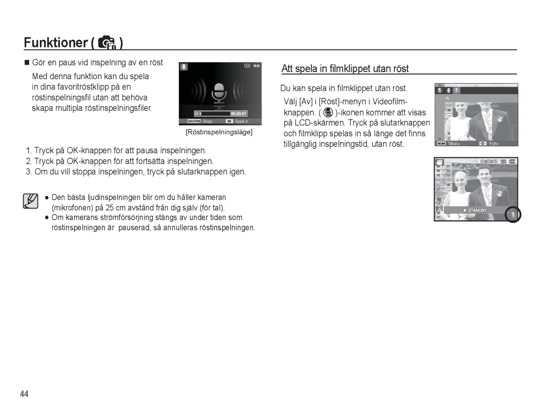 Samsung EC-ST50ZSBP/E2, EC-ST50ZBBP/E2 manual Att spela in ﬁlmklippet utan röst, Du kan spela in ﬁlmklippet utan röst 