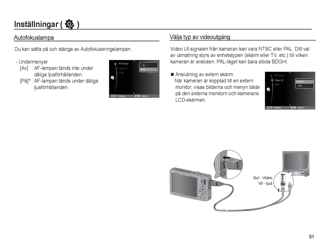 Samsung EC-ST50ZBBP/E2, EC-ST50ZSBP/E2, EC-ST50ZRBP/E2, EC-ST50ZUBP/E2 manual Autofokuslampa, Välja typ av videoutgång 