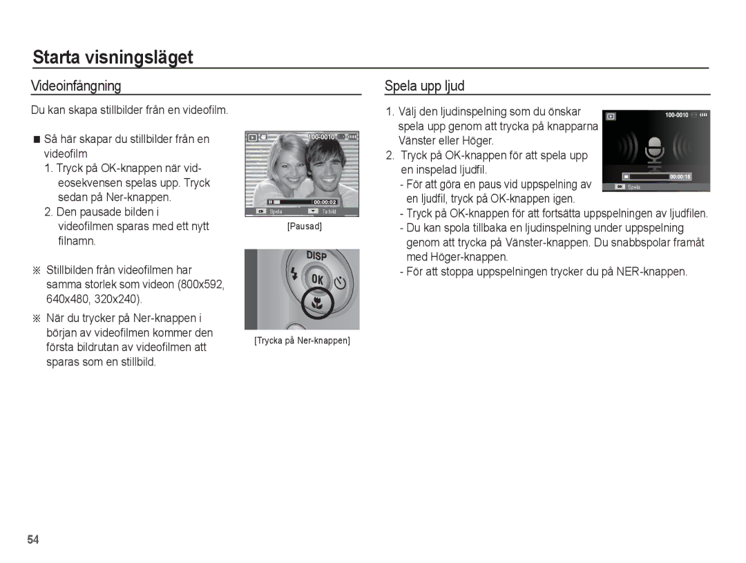 Samsung EC-ST50ZUBP/E2, EC-ST50ZBBP/E2, EC-ST50ZSBP/E2, EC-ST50ZRBP/E2 manual Videoinfångning, Spela upp ljud 