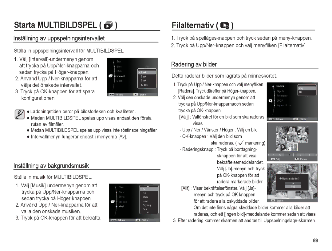 Samsung EC-ST50ZRBP/E2, EC-ST50ZBBP/E2 manual Filalternativ, Inställning av uppspelningsintervallet, Radering av bilder 