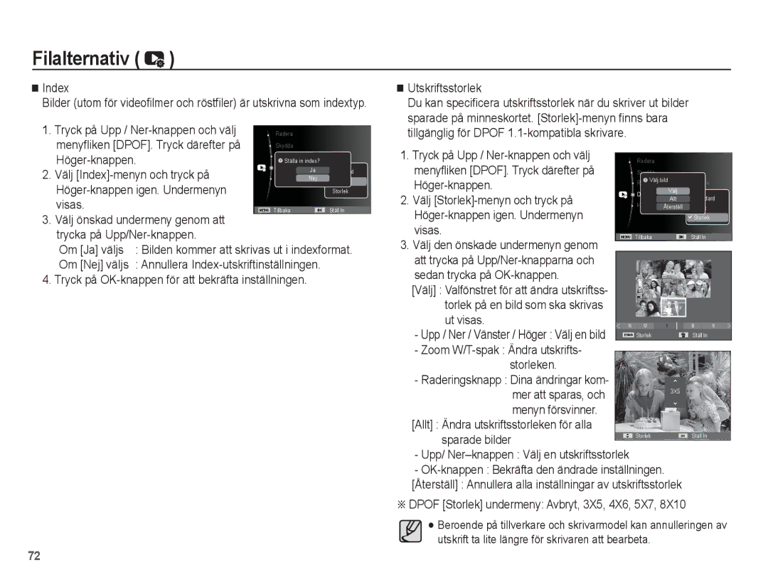 Samsung EC-ST50ZSBP/E2 Index, Tryck på Upp / Ner-knappen och välj, Menyfliken DPOF. Tryck därefter på, Visas, Om Ja väljs 